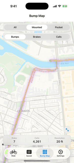 The BumpyRide bump map, showing a street scored in 20-foot coloured cells from green to red.