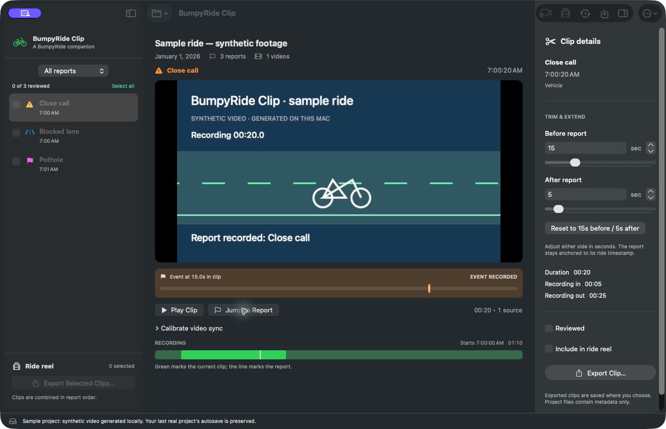 BumpyRide Clip open on a sample ride: a sidebar listing a close call, a blocked lane and a pothole; the matching moment playing with an event marker reading EVENT RECORDED; and an inspector with before and after trim set to 15 and 5 seconds.