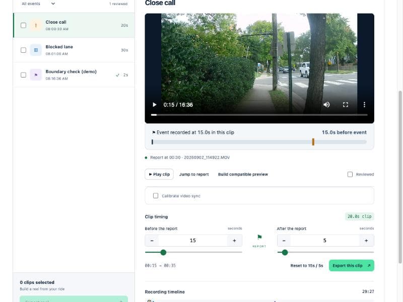 A clip being trimmed in the browser version: separate before and after handles set to 15 and 5 seconds, a 20-second clip, a bar marking where the report lands, and an export button.